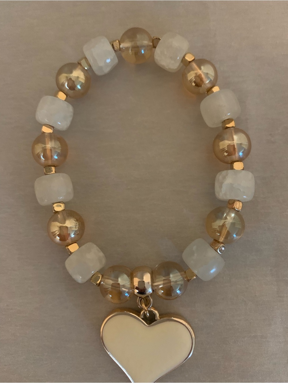 Women’s Gold & White Beaded Heart Charm Bracelet